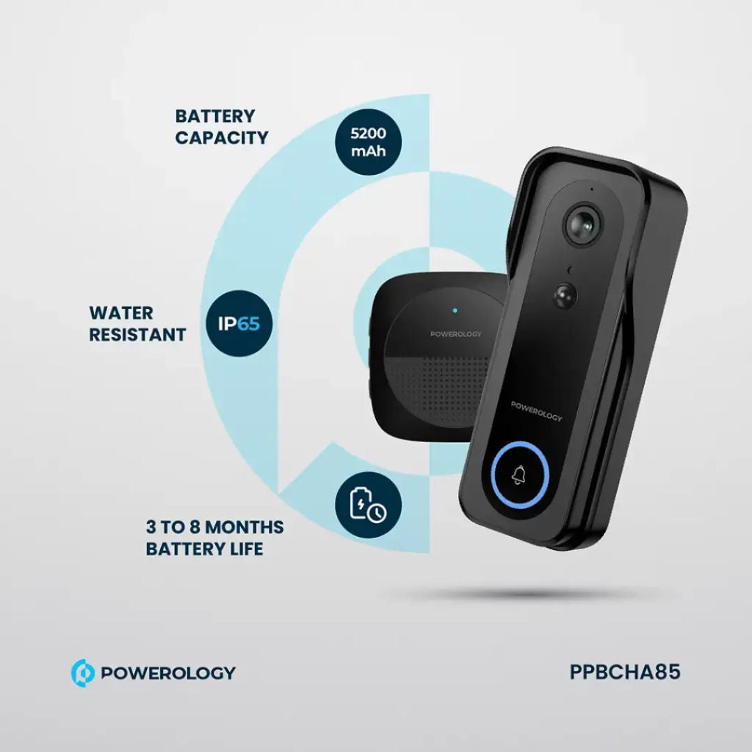 Powerology Smart Doorbell Camera, 3MP, IP65, Black