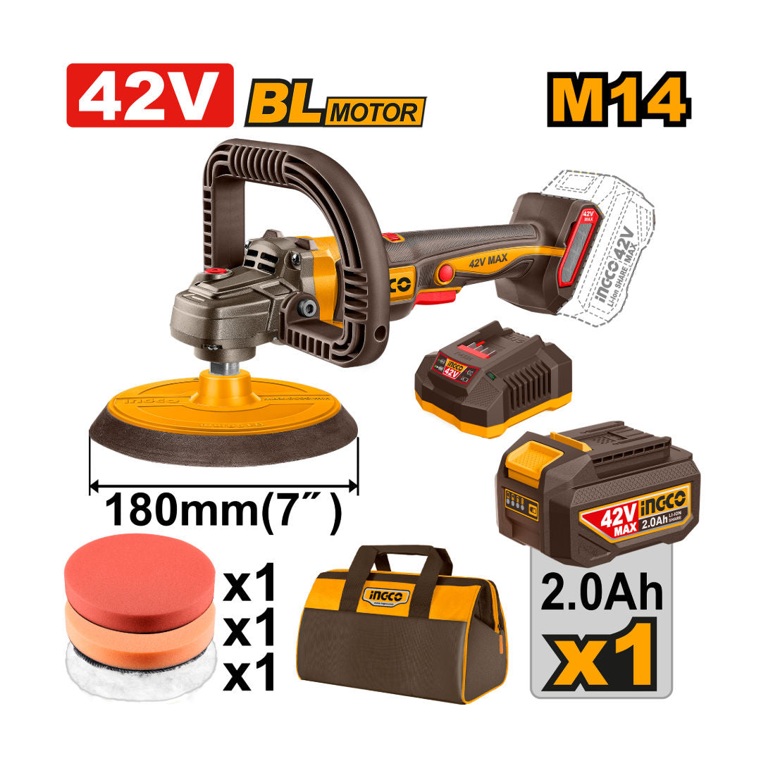 INGCO 42V Brushless Cordless Polisher Kit, 180 mm Pad, 400-2500rpm