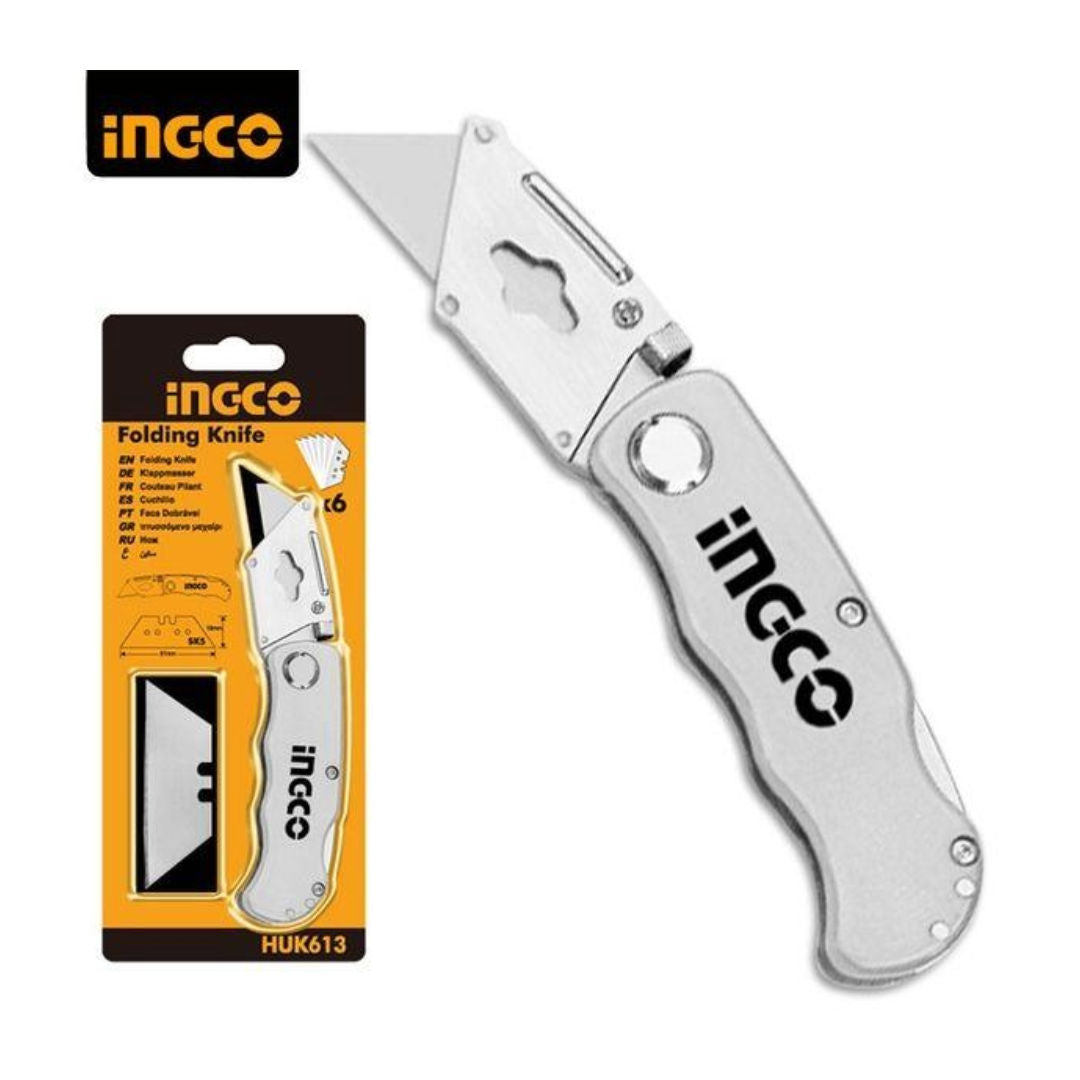 INGCO Folding Knife, Aluminum Handle, 61x19 mm Blade, 5 SK5 Blades Included