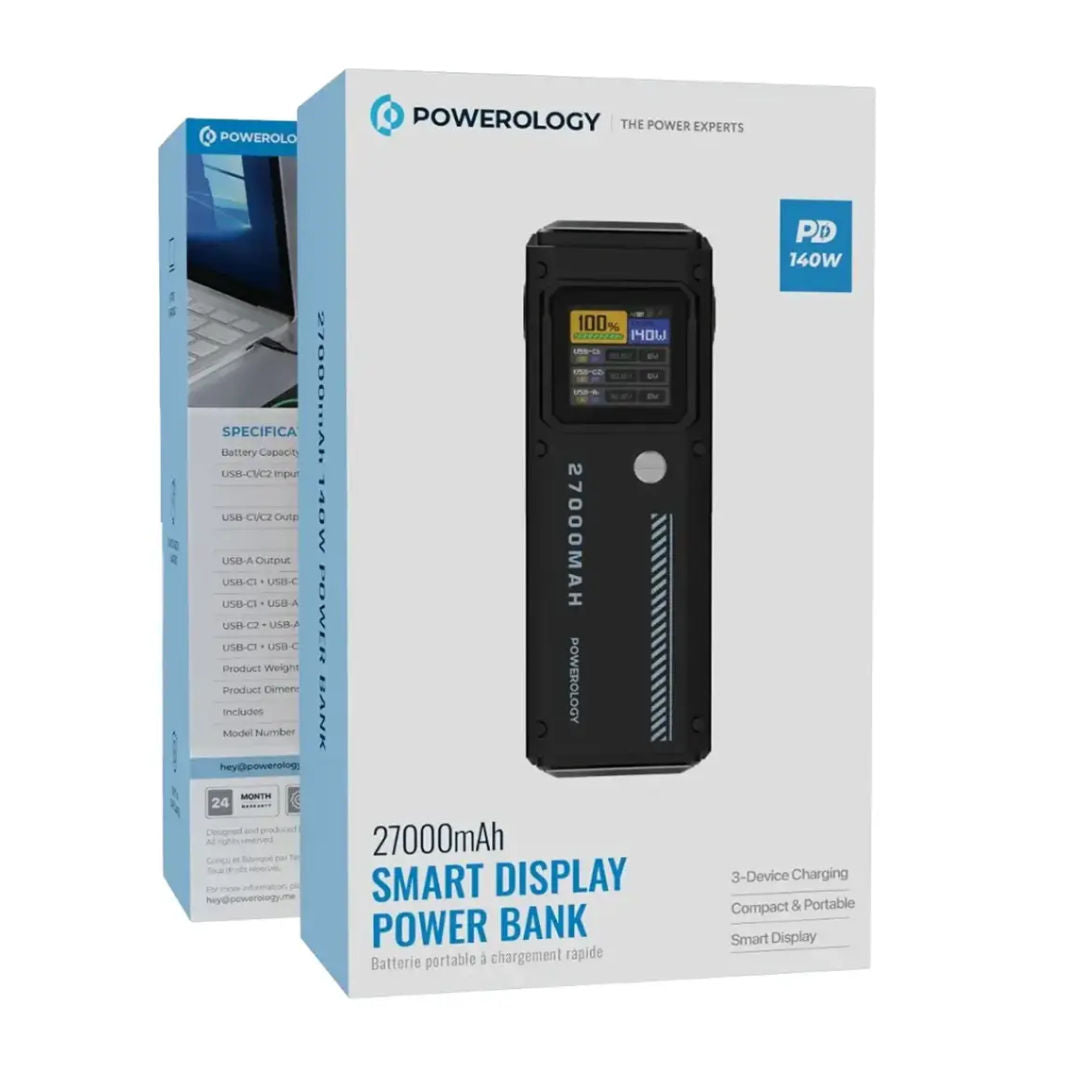 Powerology 27000mAh Smart Display Power Bank, Black, Compact & Portable