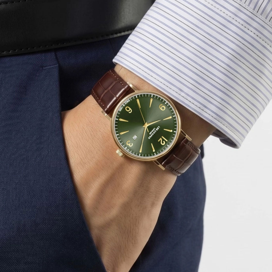 Lee Cooper Men's Green Dial Brown Leather Band Watch, LC08379.172