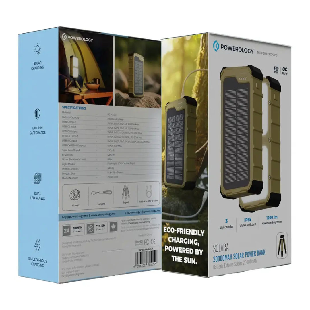 Powerology Solara 20000mAh Solar Power Bank, Khaki