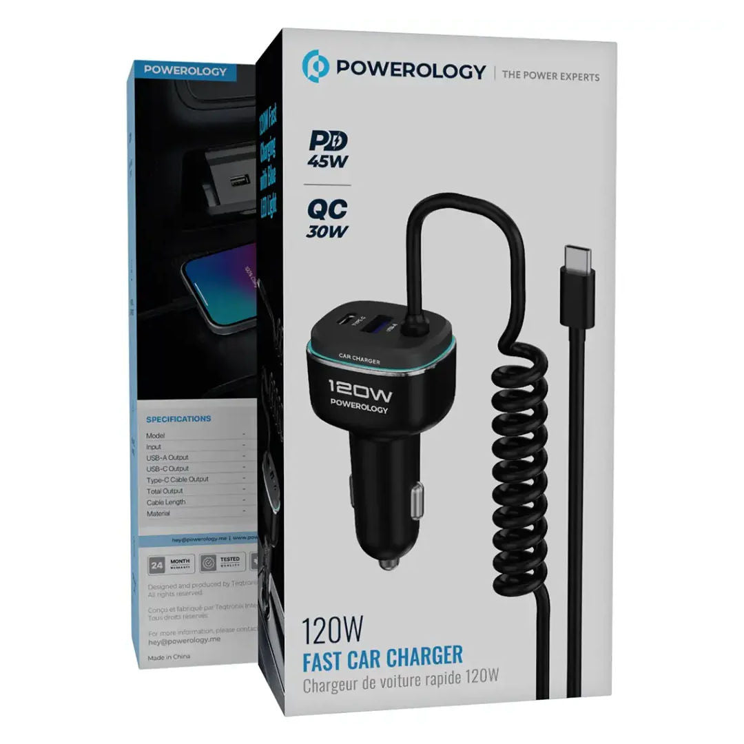 Powerology 120W Fast Car Charger, Black/Gray