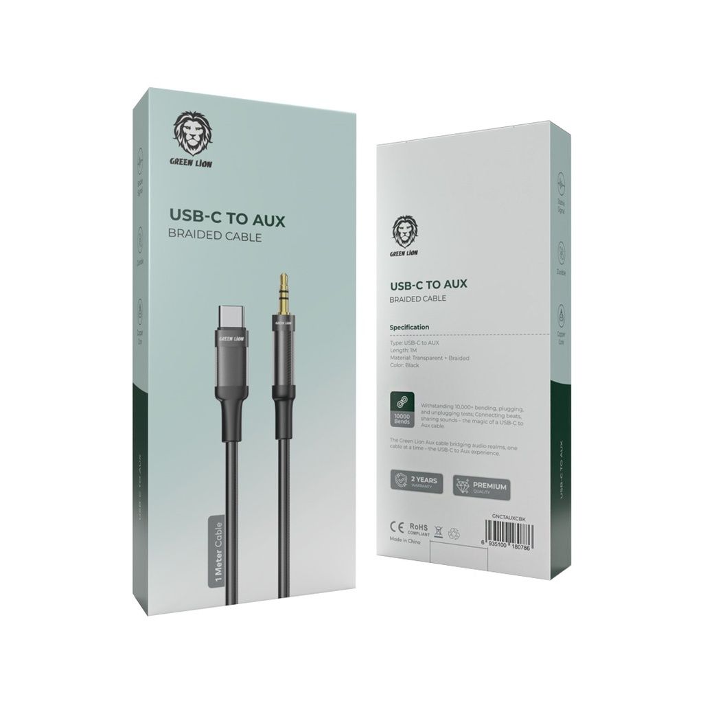 Green Lion USB-C to 3.5mm AUX Braided Audio Cable, 1M, Durable Copper Core, Black