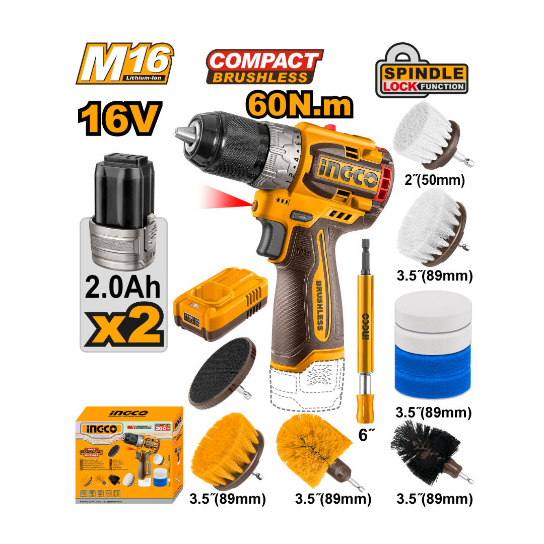 INGCO 16V Brushless Compact Drill Kit, 60 Nm Torque, 13 mm Metal Chuck, 2×2.0Ah Batteries, Charger & 11-Pc Cleaning Brush Set