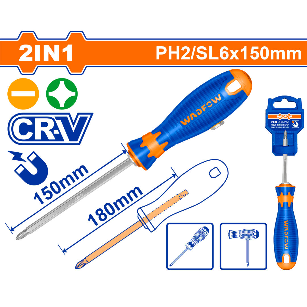 WADFOW 2-in-1 T-Handle Screwdriver, PH2 & SL6.5, Cr-V Steel, 6.35 mm Hex Shank, Dual Length Options, 130 mm / 180 mm