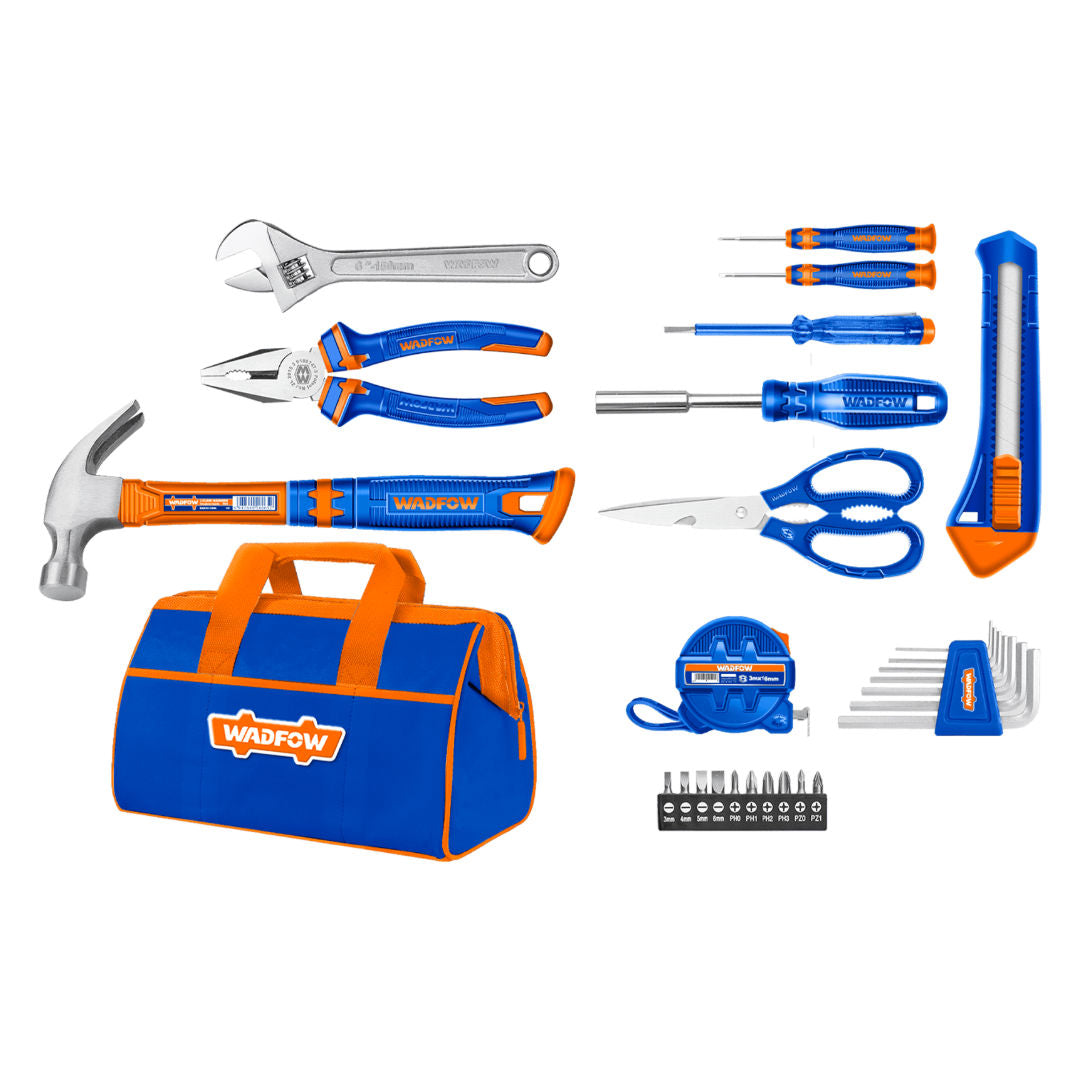 WADFOW 28-Piece Hand Tool Set with Tool Bag, Pliers, Wrench, Hammer, Tape, Screwdrivers, Bits & Hex Keys