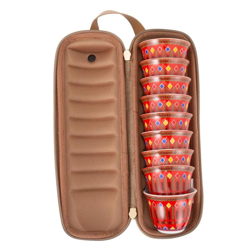Coffee Cup Set (8 Pcs), with Najdi Maeen Pattern & Protective Case, Elegant Travel-Ready Design