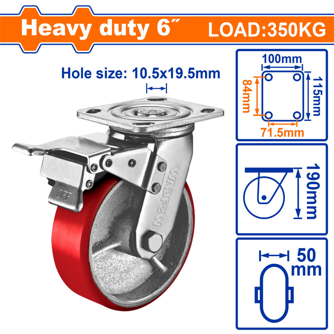 WADFOW Heavy-Duty Swivel Caster Wheel with Brake, Steel + PU Series