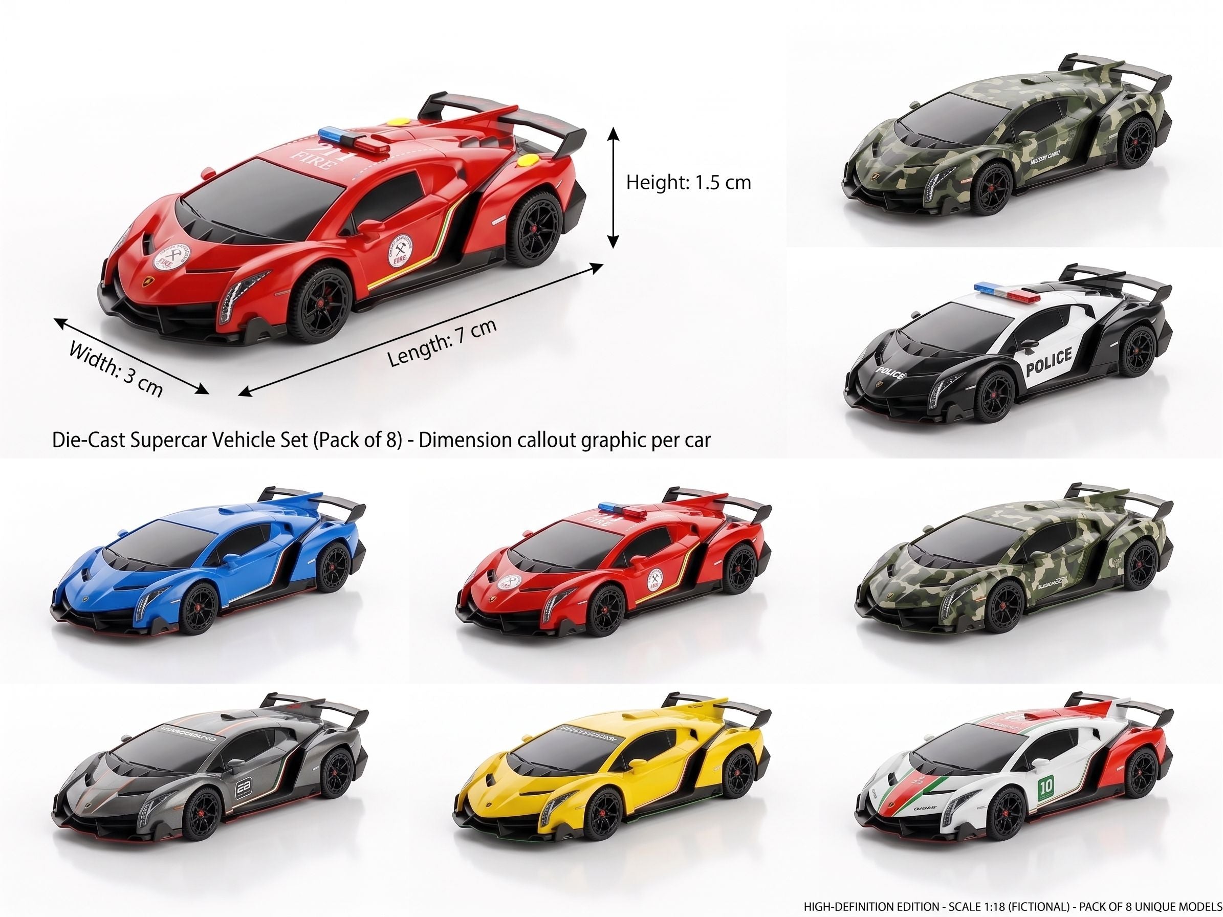 Die-Cast Supercar Vehicle Set (Pack of 8) – Pull-Back Toy Cars for Kids 3+