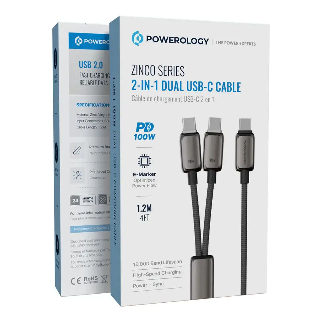 Powerology Zinco Series 2-In-1 Dual USB-C  ChargingCable, 1.2M, Dark Gray