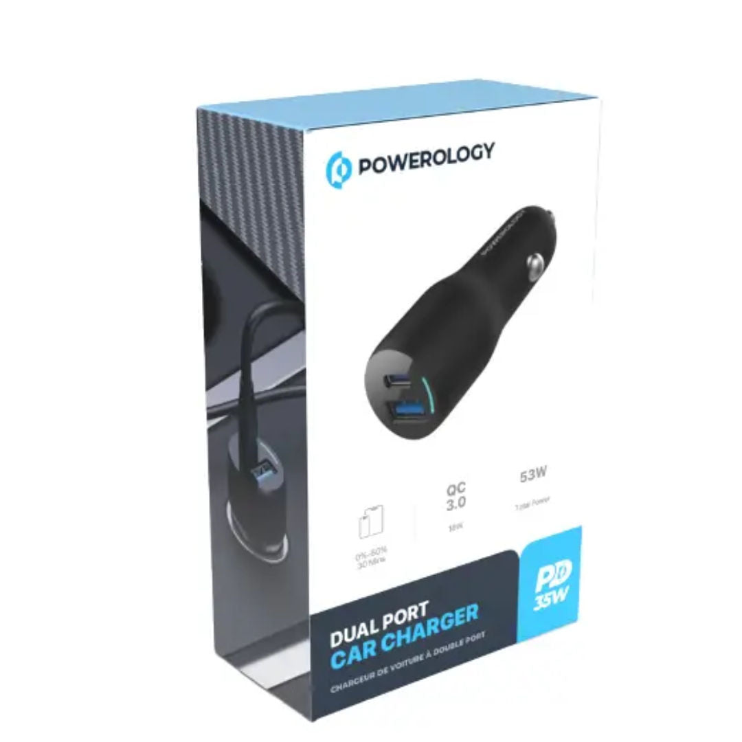 Powerology 35W PD + QC3.0 LED Dual Ports Car Charger, Black
