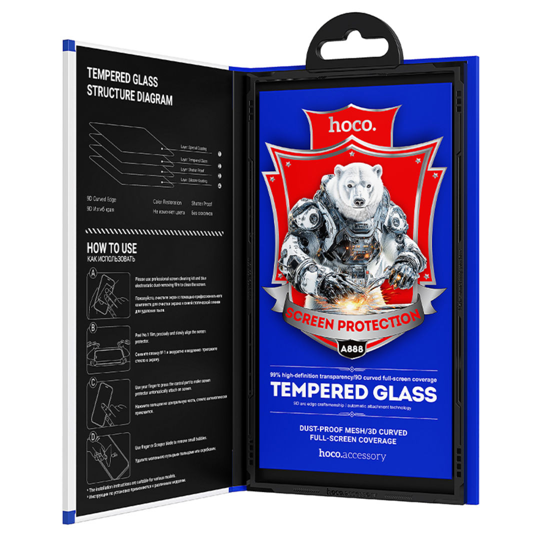 Hoco A888 Bear Shield Series Full Screen HD Tempered Glass for iPhone 18 Pro Max, iPhone 17 Pro Max, Full Screen Coverage, HD Visual