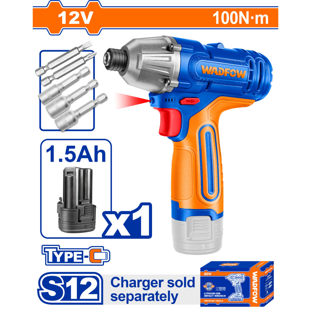 WADFOW Cordless Impact Driver, Hex Drive, with LED Light & Accessory Kit
