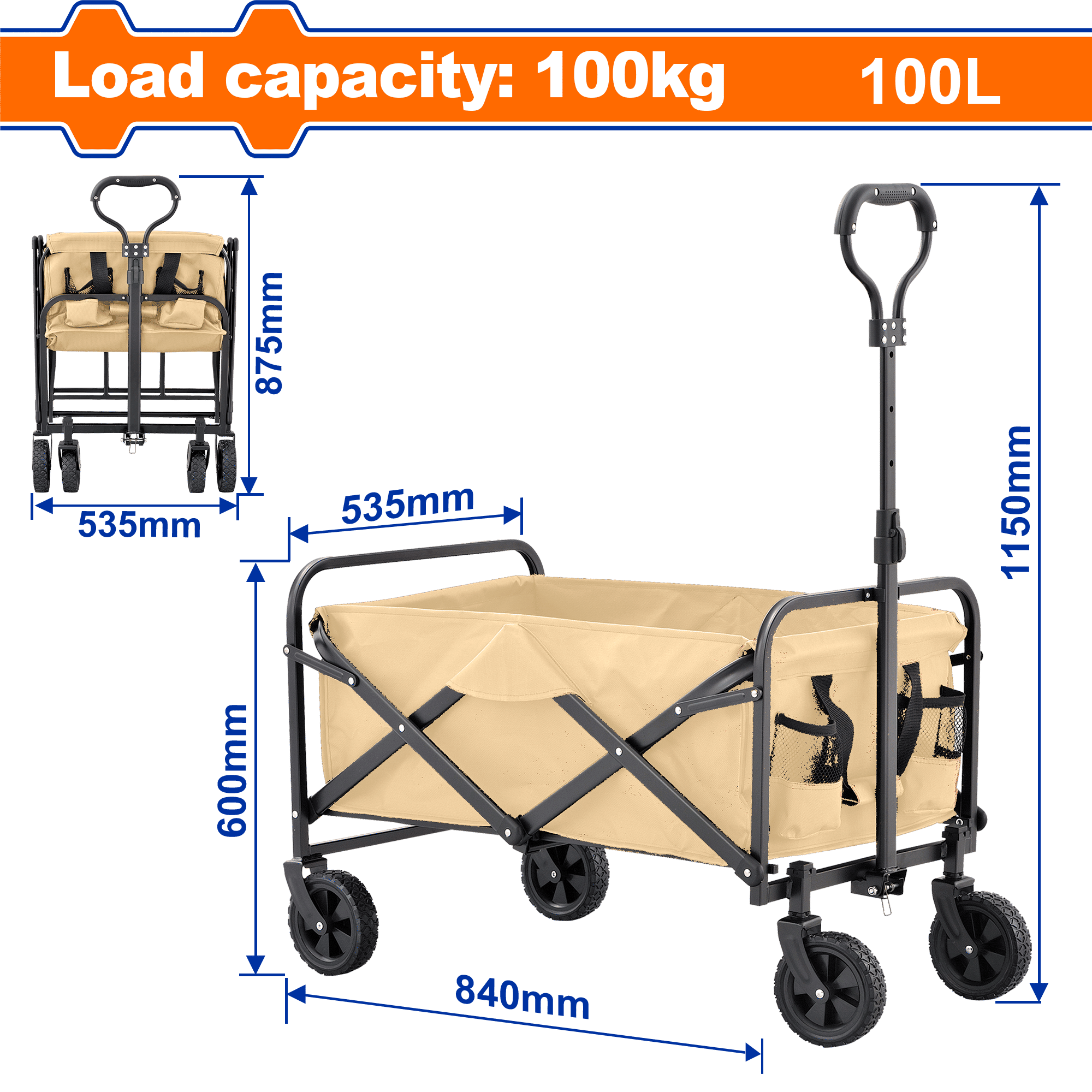WADFOW Camping Cart, 100 kg Load Folding Utility Wagon with Oxford Cloth Bag