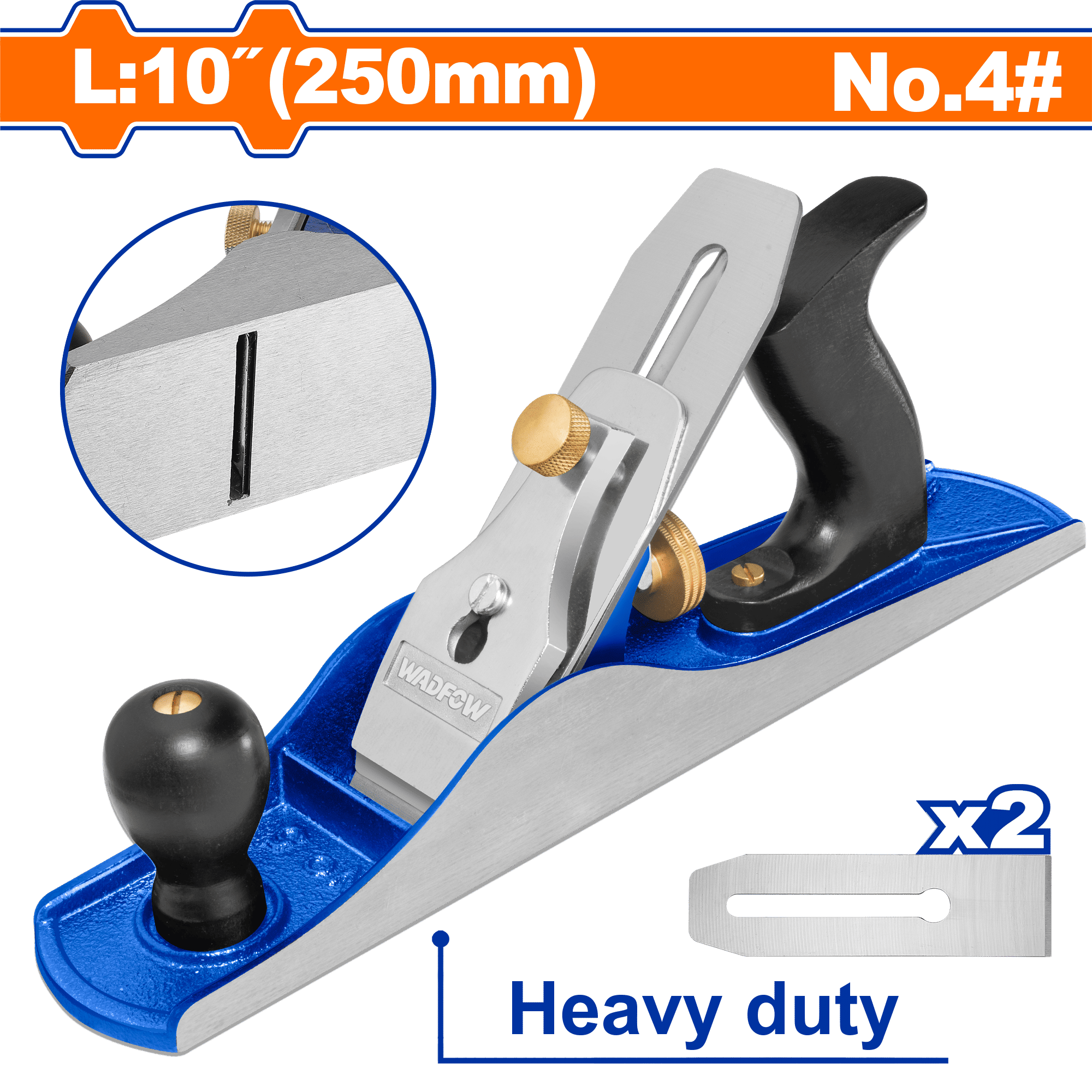 WADFOW Bench Planer No.4, 250mm Cast Iron Body, 2x T12 Steel Blades, Brass Adjuster