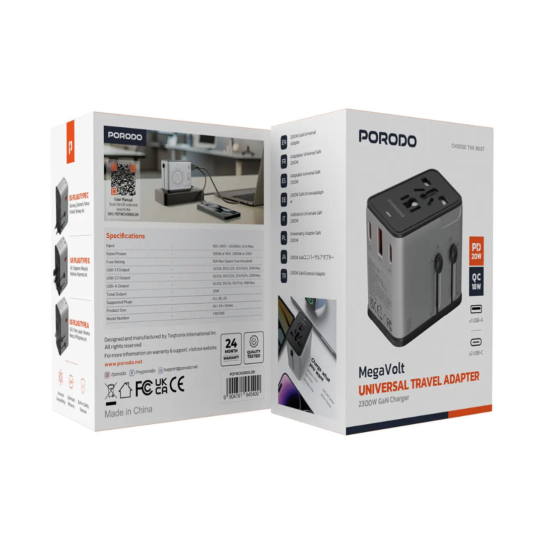 Porodo Mega Volt Universal Travel Adapter, 20W USB-C + USB-A, EU/UK/US Plugs, Silver/Black