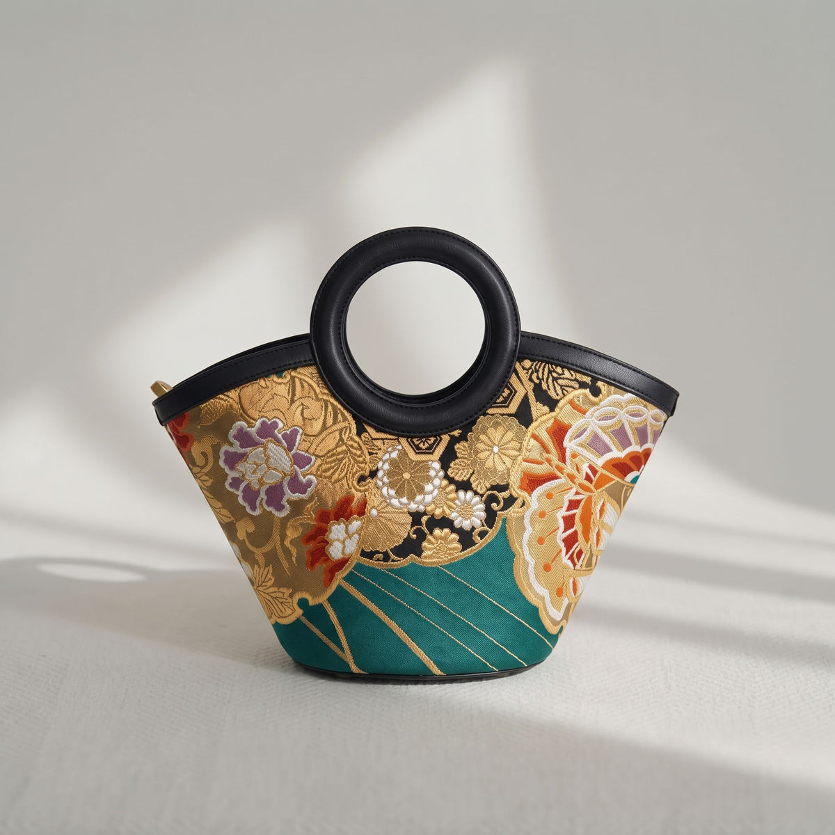 Jamila Designer Mulberry Silk Tote Bag, Flying Bird & Floral Design with Round Handles