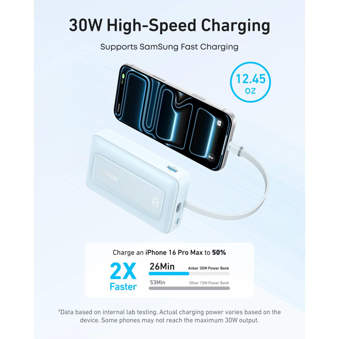 شاحن محمول من Anker بسعة 10,000 مللي أمبير في الساعة وبقدرة 30 واط، مزود بكابل USB-C مدمج، وشحن سريع، تصميم صغير الحجم، لون أزرق