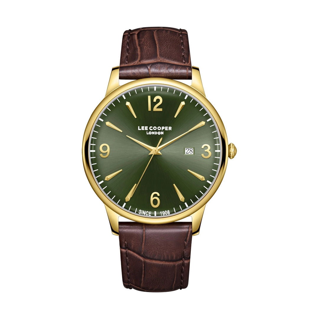 Lee Cooper Men's Green Dial Brown Leather Band Watch, LC08379.172