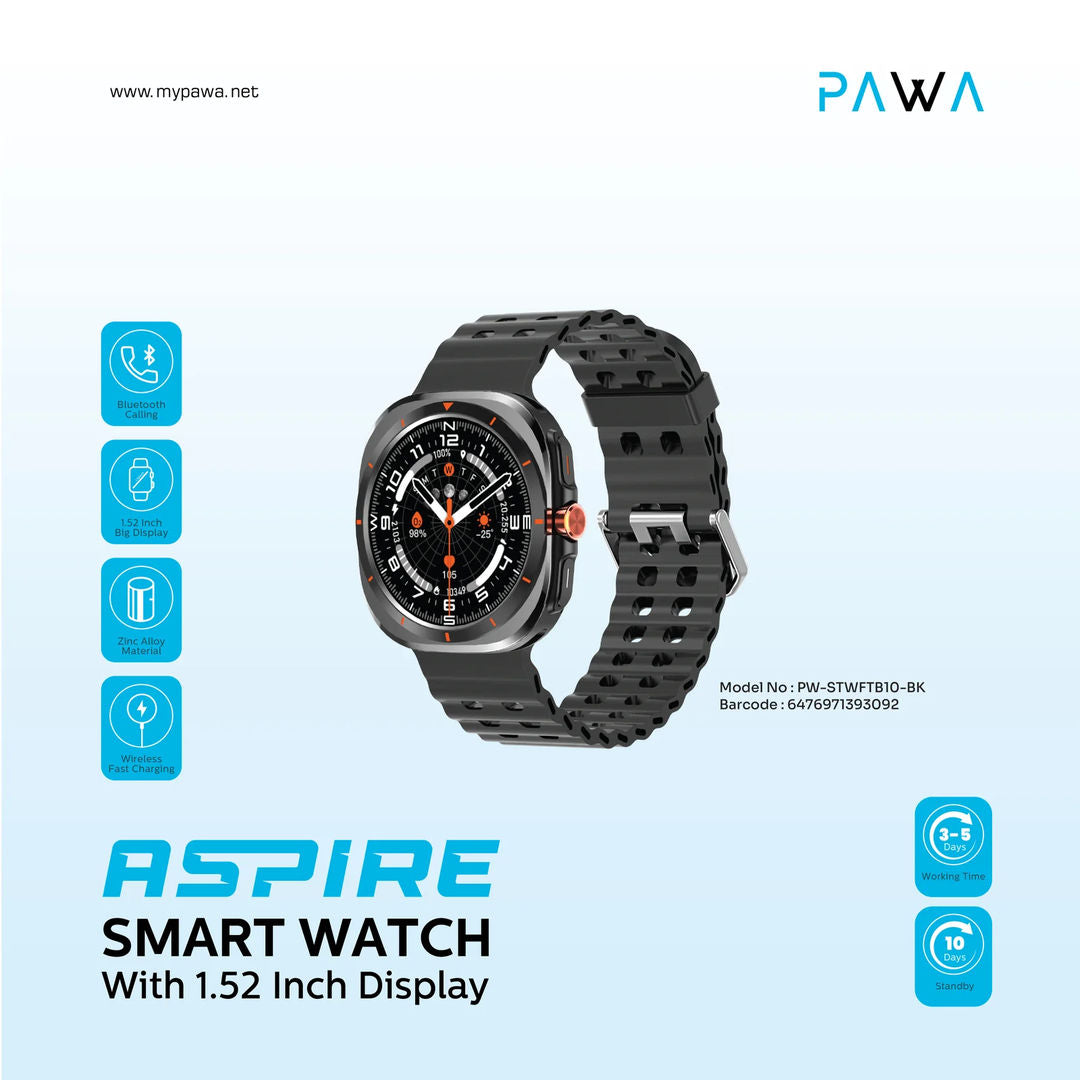 Pawa Aspire Smart Watch 1.52inch Display, Black