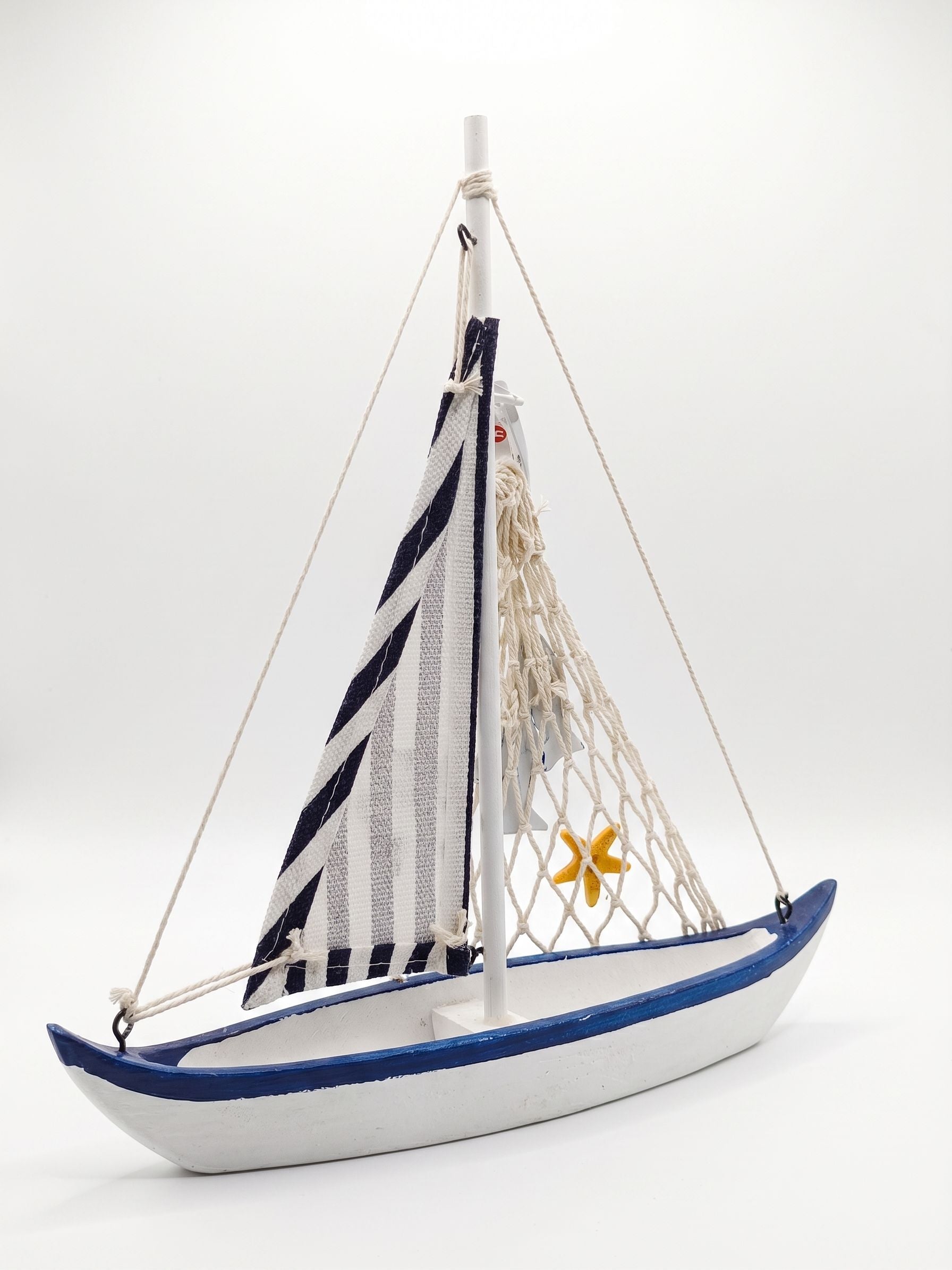 Handcrafted Wooden Model Sailboat – White & Navy Coastal Home Decor Display