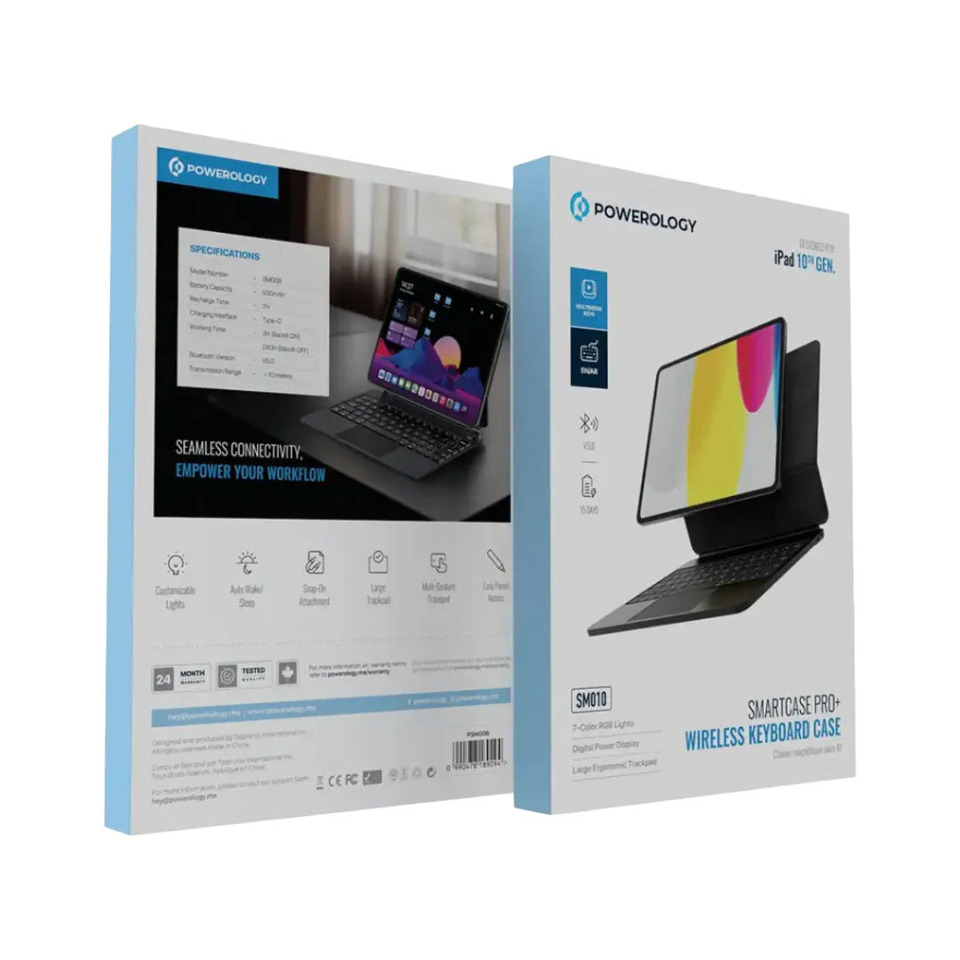Powerology Smartcase Pro+ Wireless Keyboard Case for iPad 10th Gen, Black