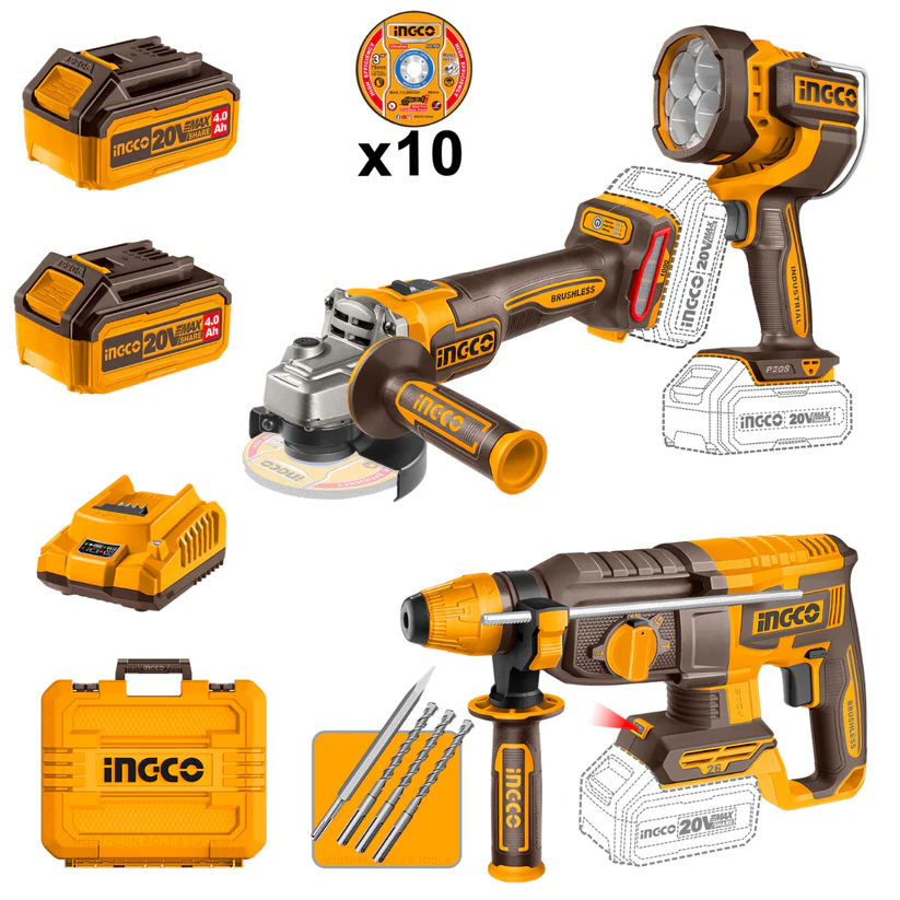INGCO 20V 3-Piece Brushless Combo Kit, Rotary Hammer 2.5J + Angle Grinder + Work Lamp, 2x4.0Ah Batteries & Case