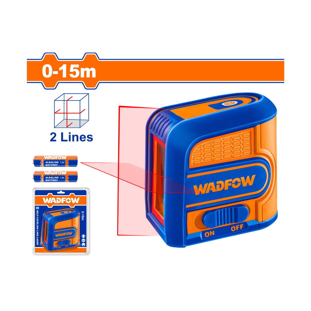 ليزر متقاطع ذاتي التسوية من WADFOW أحمر، ±2 مم عند 5 أمتار، نطاق 0~15 متر، الفئة II، بطارية AA