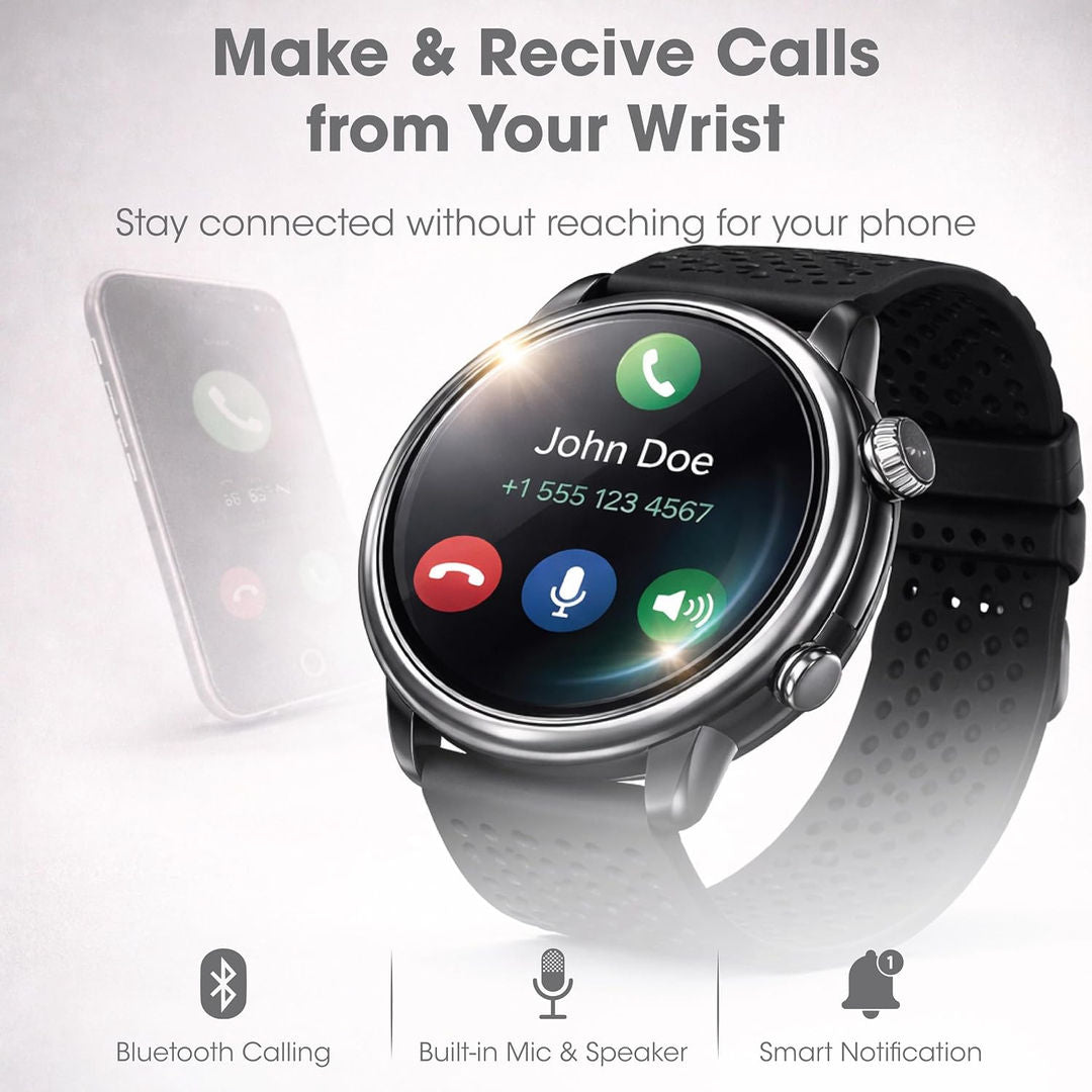 Xcell Classic7 Smartwatch with 2 Strap for Men & Women 1.43inch AMOLED Roman Dial, Bluetooth Calling, Heart Rate & SpO2 Wellness Tracking, Black