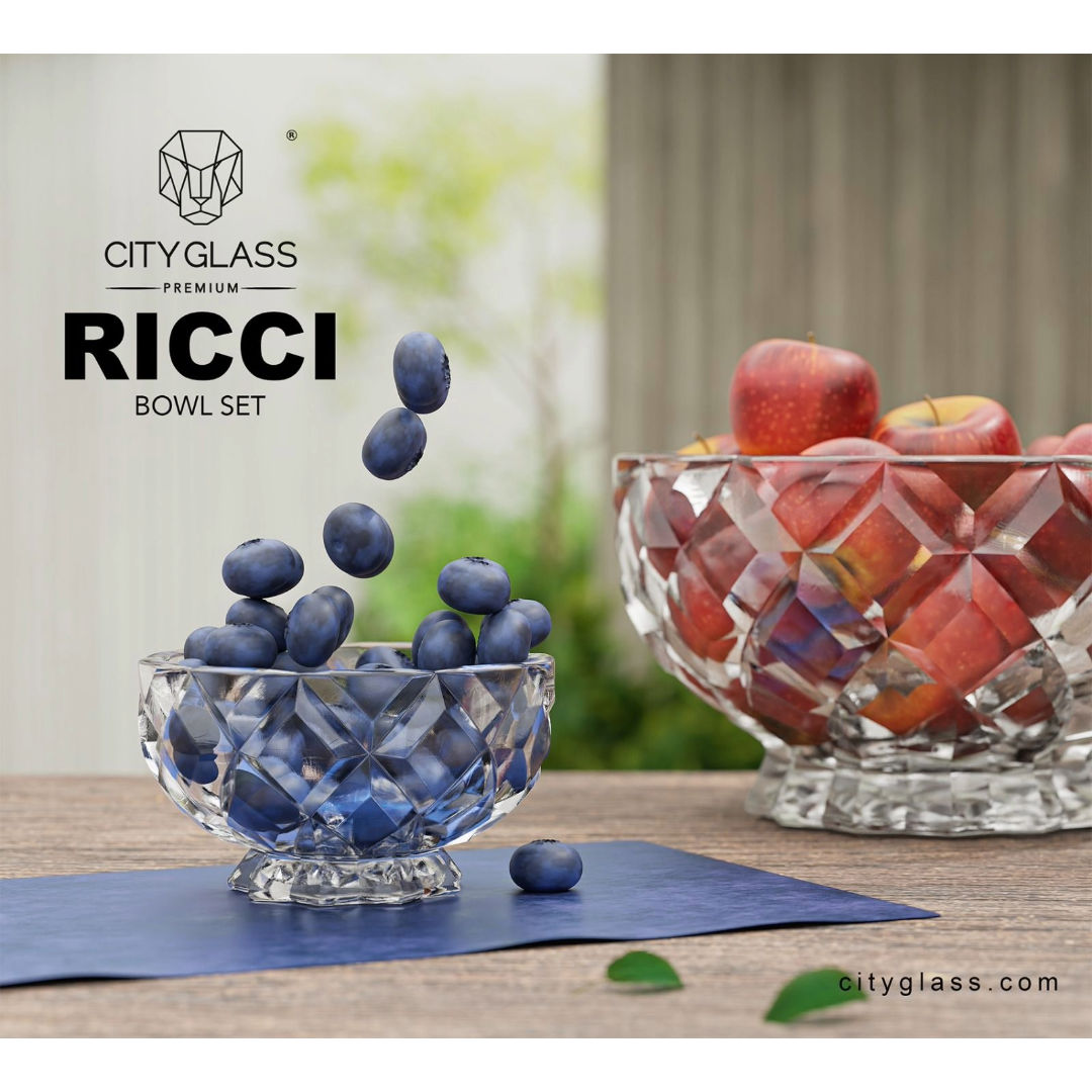 City Glass Ricci Bowls 1.5Ltr and 250ml With Tray , 6 Pieces Gift Set