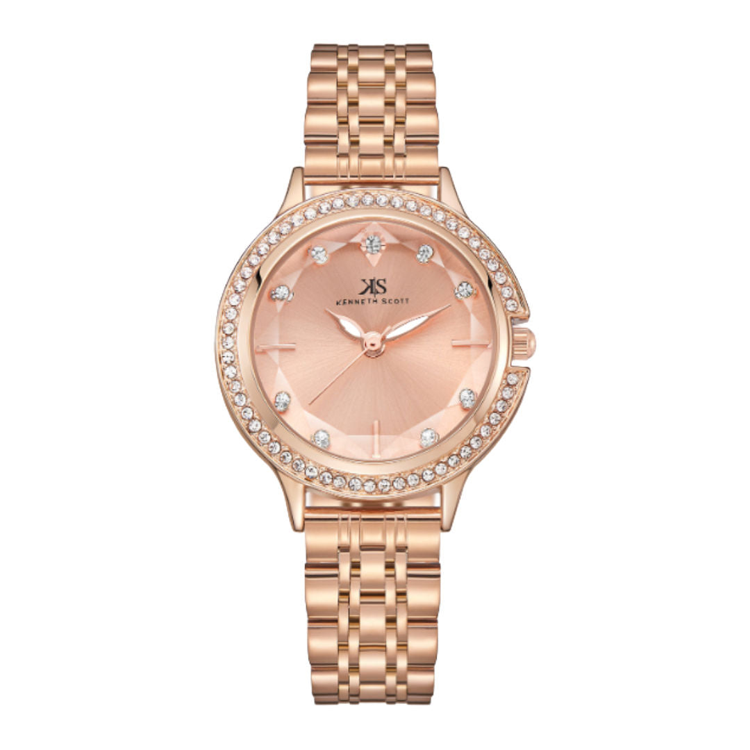 Kenneth Scott Women’s Analog Watch with Rose Gold Dial & Stainless Steel Strap