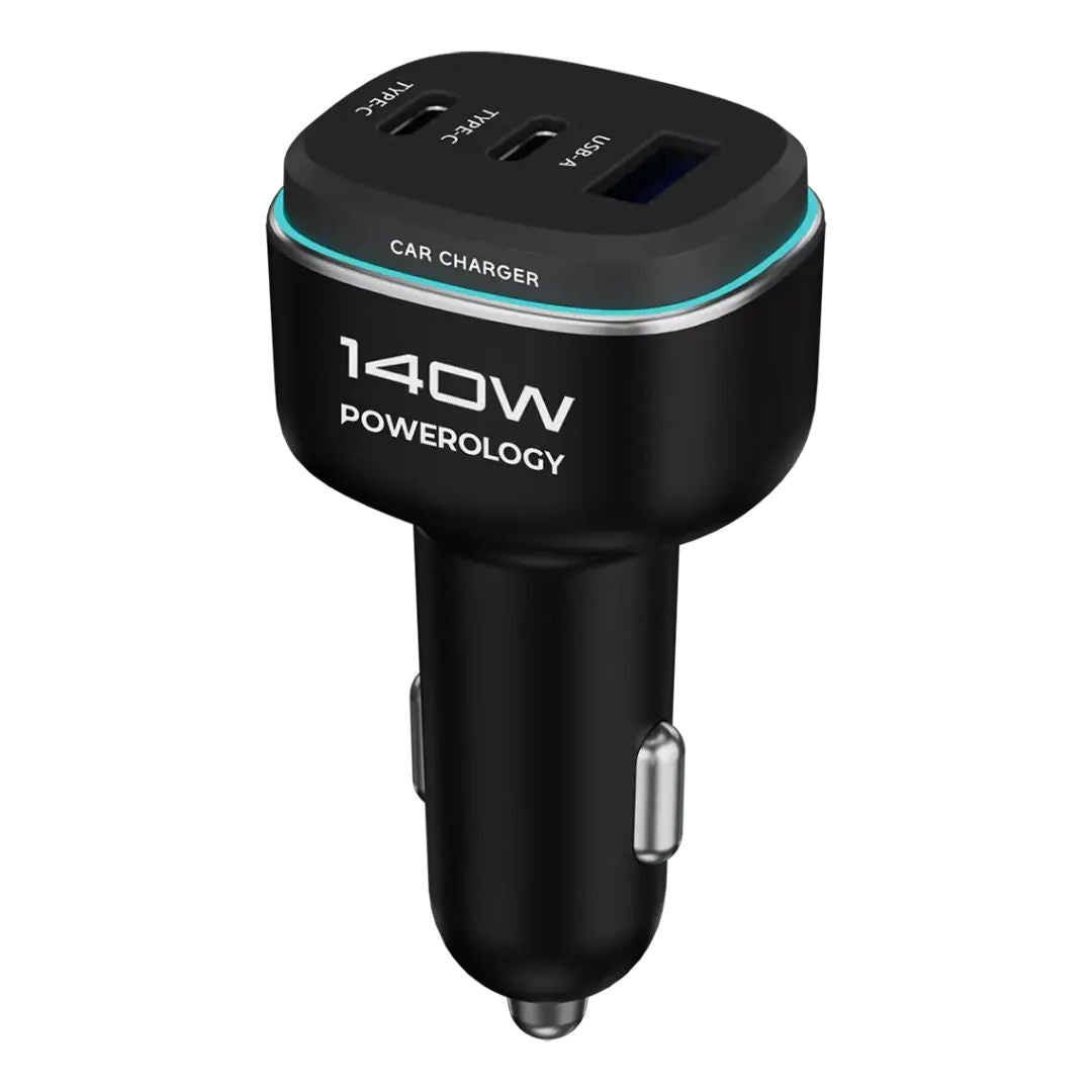 Powerology 140W, Triple-Port High-Power Car Charger, Black/Grey