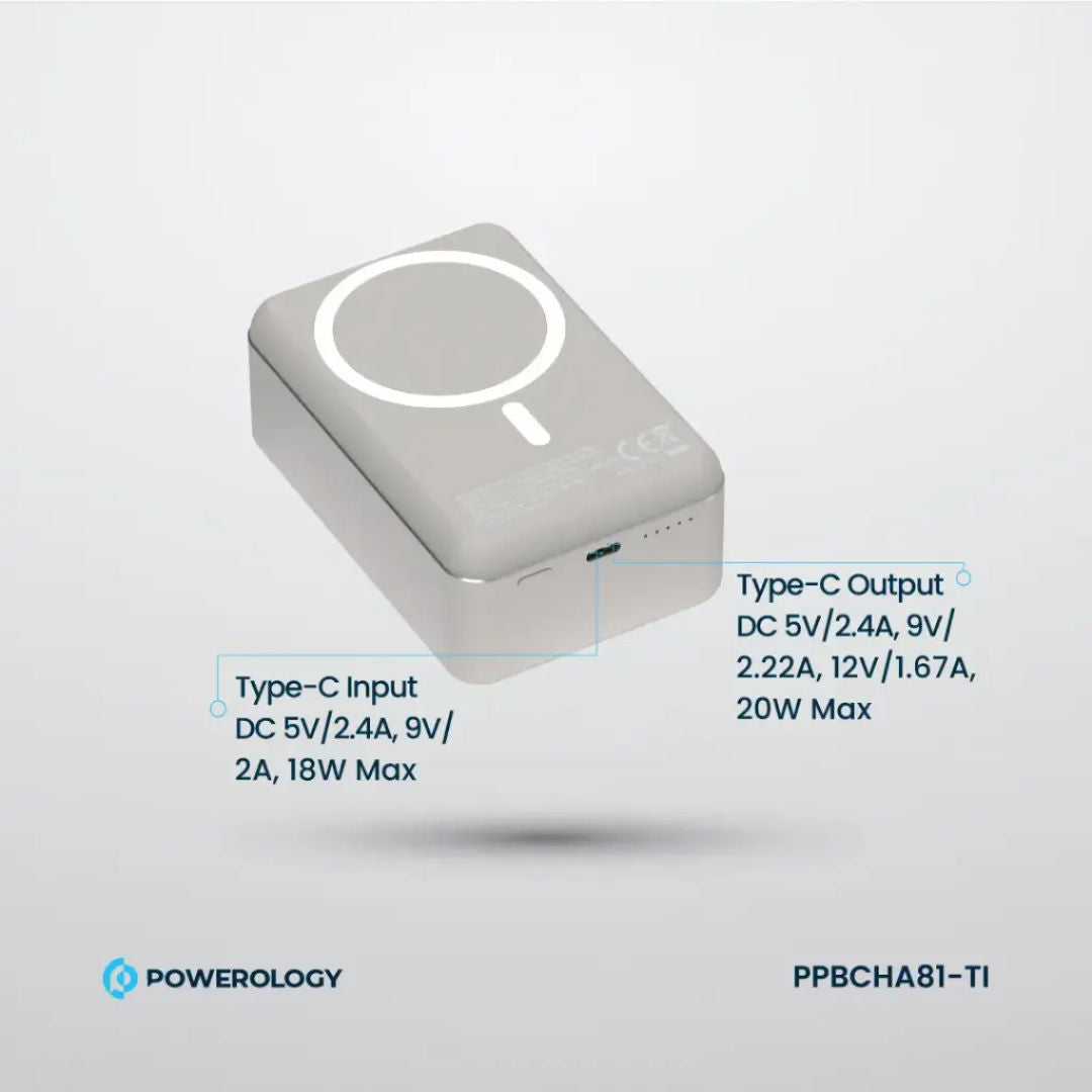Powerology 30000mAh MagSafe Aluminum Power Bank, Compact Design