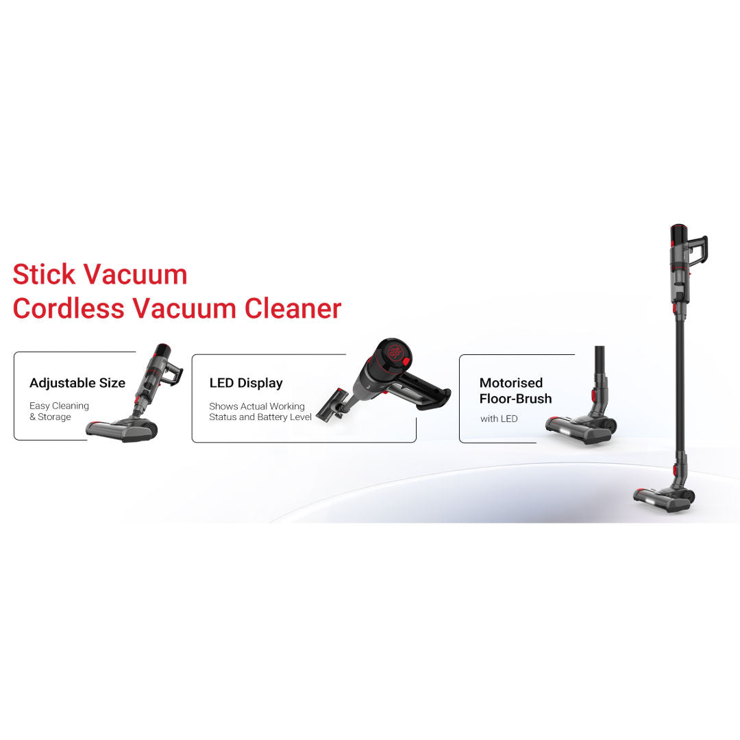 Telux T30 Stick Vacuum Cleaner, 350W BLDC Motor, Space Grey With Red Buttons