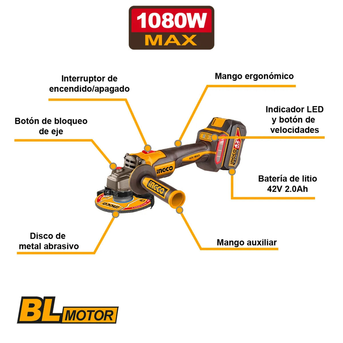 INGCO 42V Brushless Cordless Angle Grinder Kit, 115mm, 3-Speed, 3000/6000/9000 rpm, 2x2.0Ah Batteries, Discs & Charger