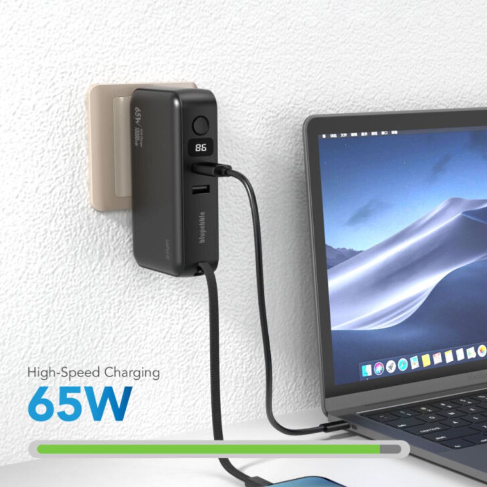 Blupebble LinkPod 65 10000mAh Power Bank & 65W Fast Charger with Retractable Type-C Cable, Black