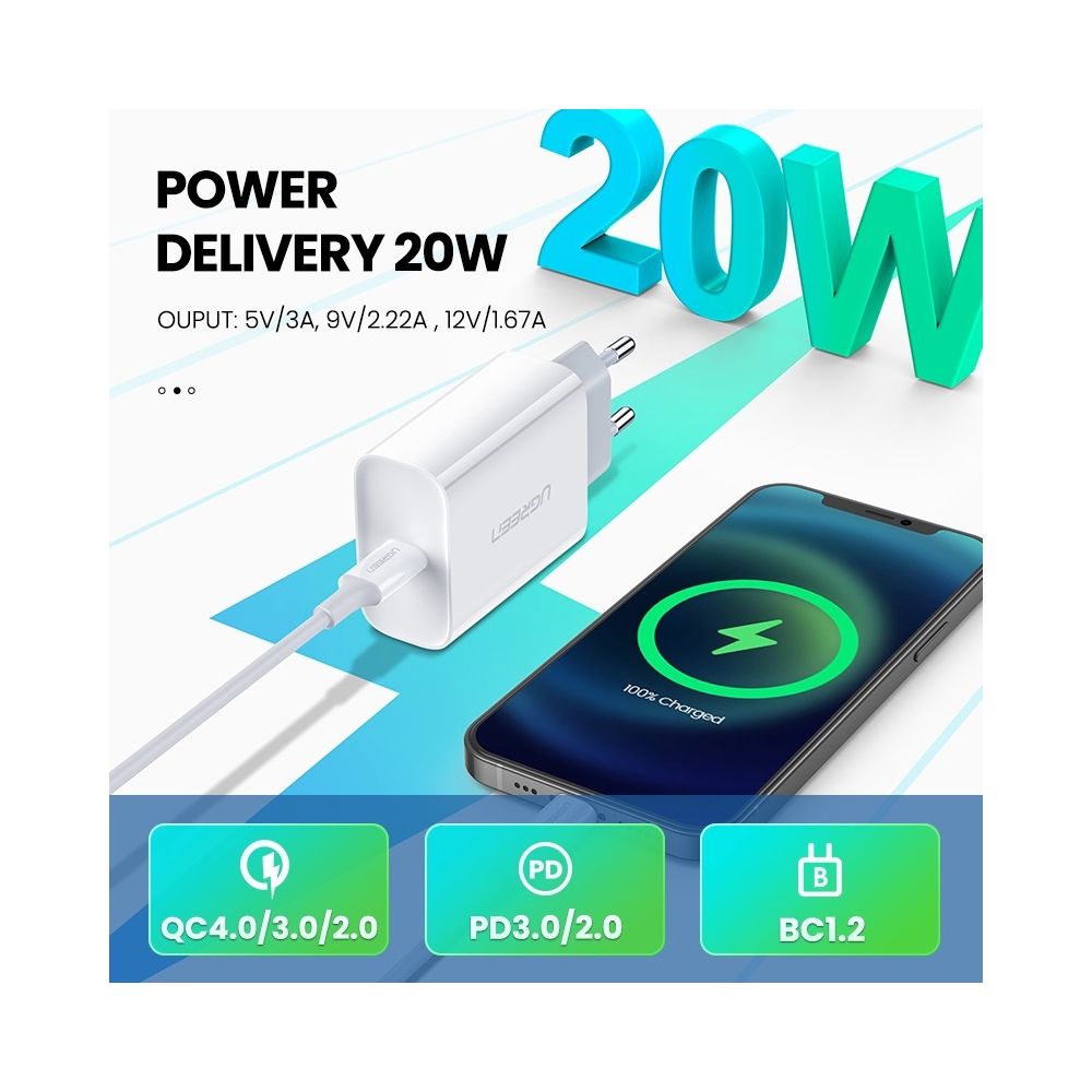 شاحن حائطي UGREEN CD137 بقدرة 20 واط مع منفذ USB-C لتزويد الطاقة، قابس الاتحاد الأوروبي، محول شحن سريع