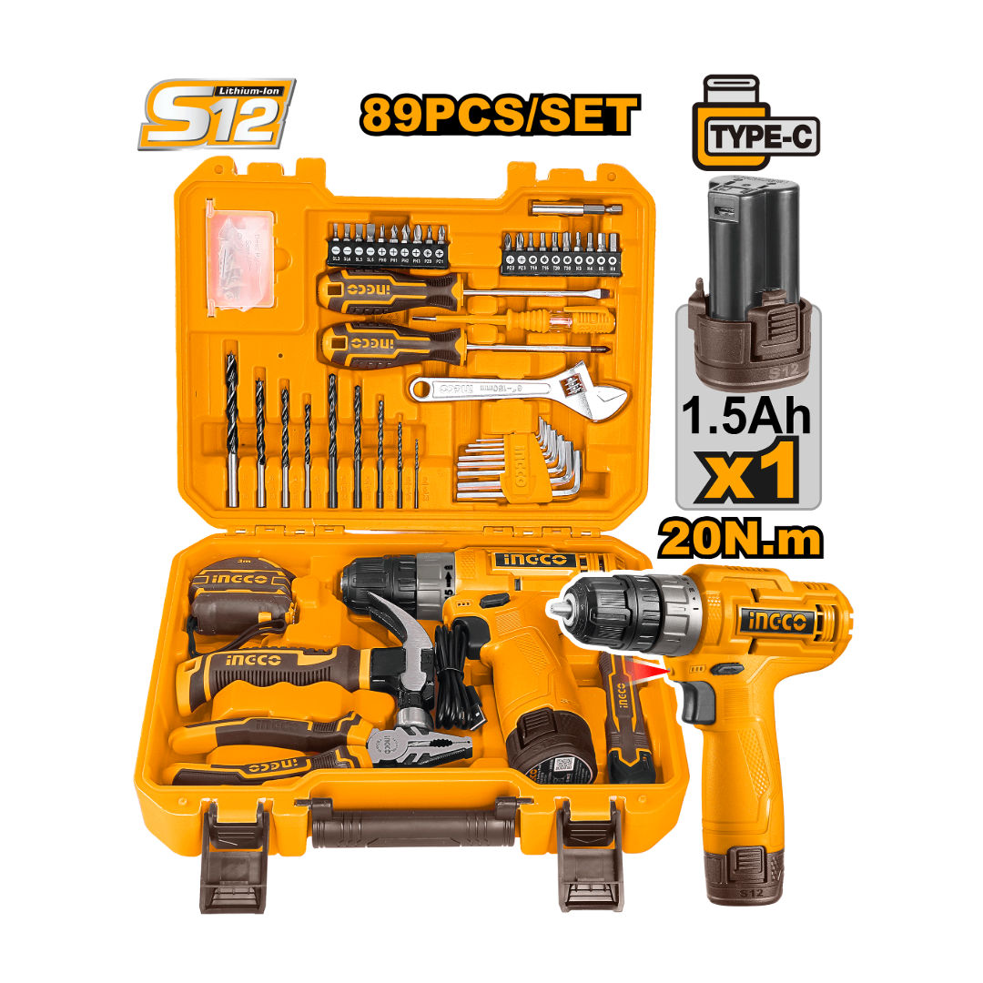 INGCO 89 Pcs Tools Set Cordless Drill , Kit12V Cordless Drill + Hand Tools + Bits + Accessories