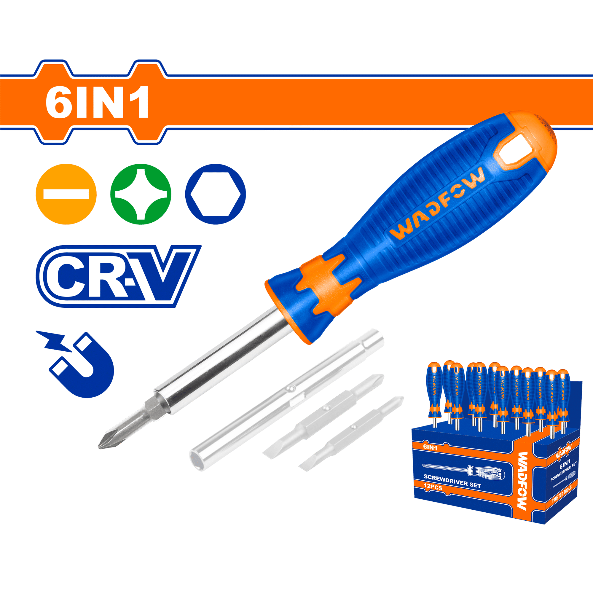 WADFOW 6-in-1 Interchangeable Screwdriver Set, PH/SL Dual-End Bits, 6 & 8 mm Sockets, Cr-V Steel
