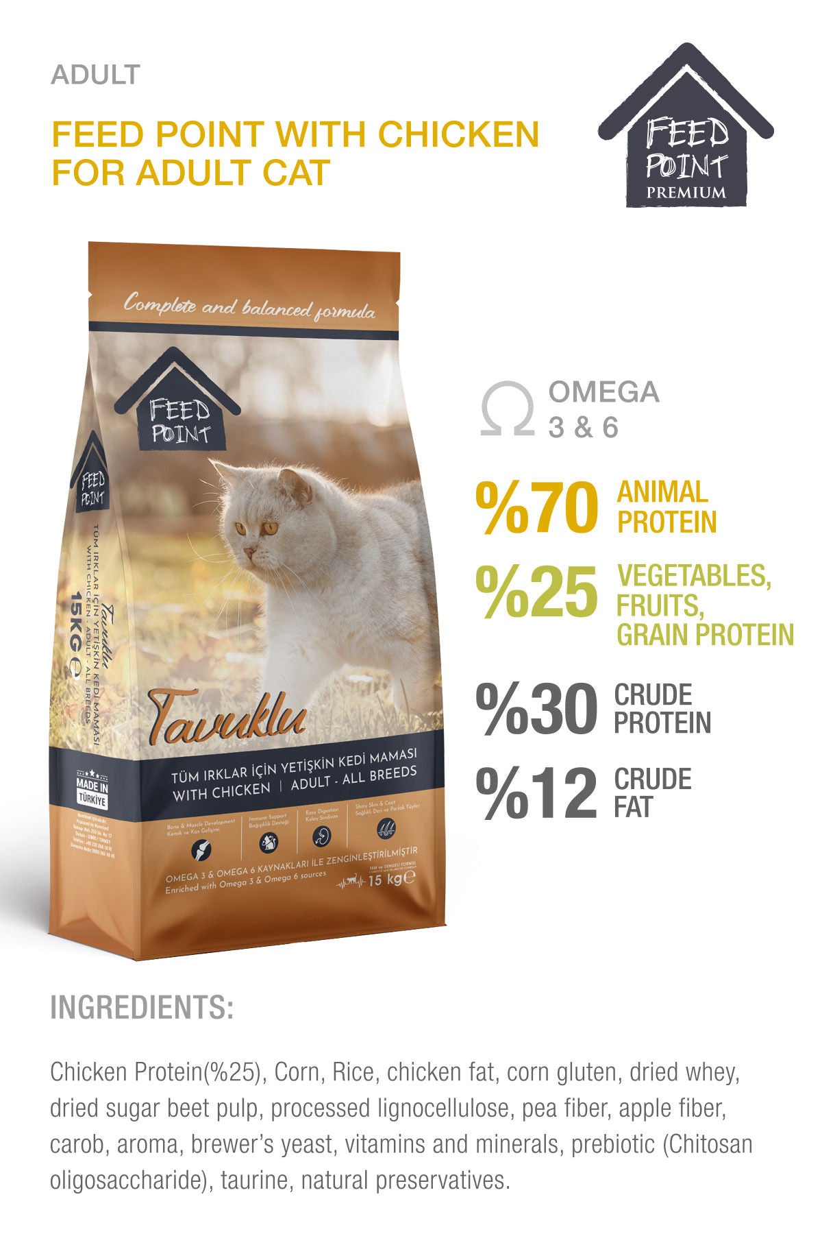 Feed Point Adult Cat Food with Chicken & Rice, High Protein, Shiny Coat & Strong Immunity, Complete Balanced Nutrition, 15kg