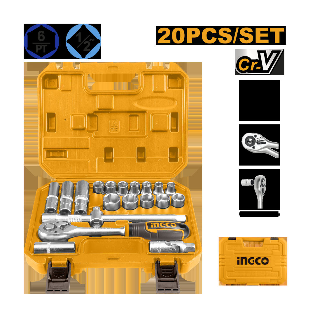 INGCO 20-Pieces 1/2" Socket Set 72T, 50BV30 Cr-V Steel