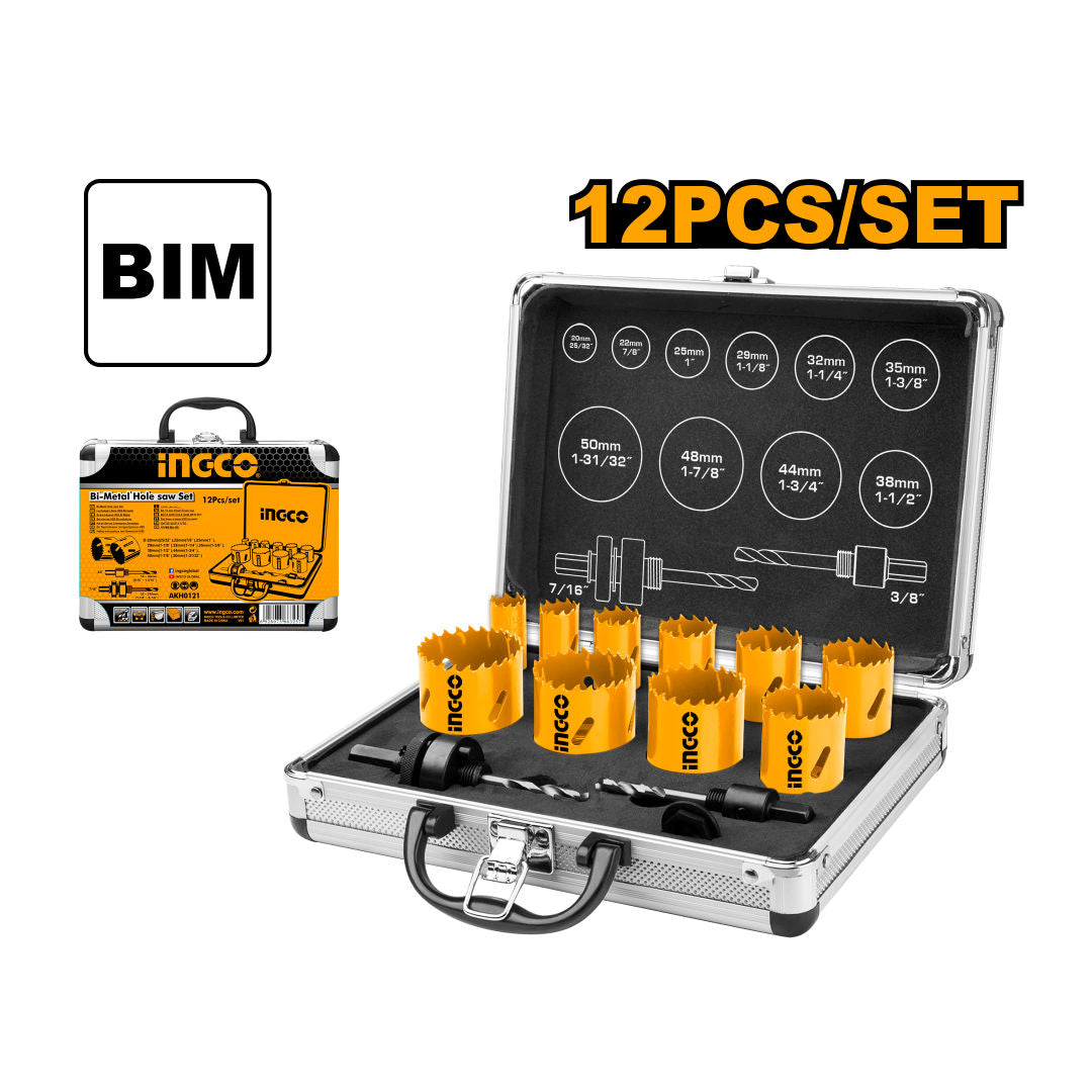 INGCO Bi-Metal Hole Saw Set, 12 Pcs (19, 64Mm),  M42 Steel, In Aluminum Case