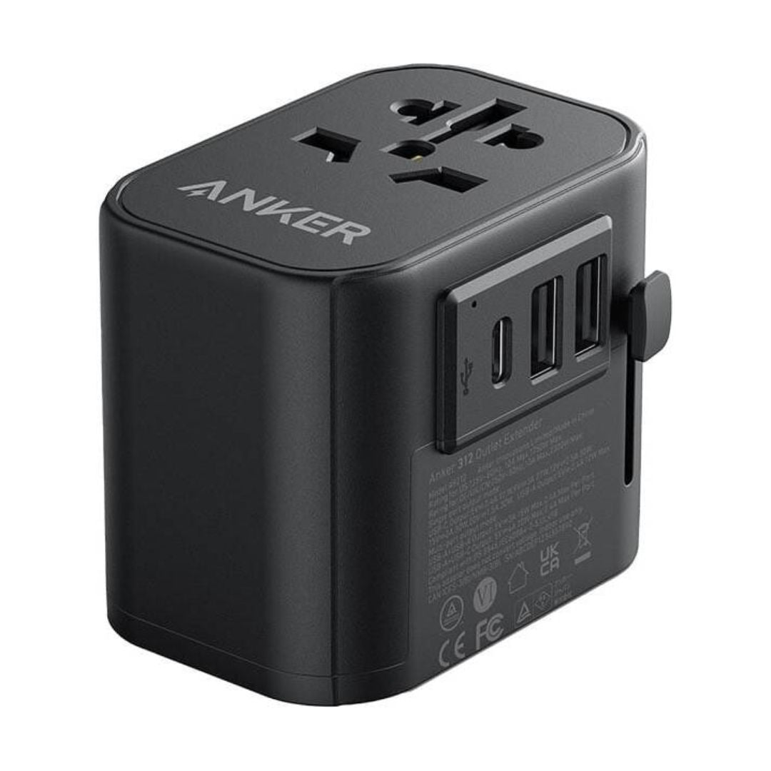 Anker 312 Outlet PowerExtend USB-C Travel Adapter, 30W, 4-in-1 with Universal Plugs, Black