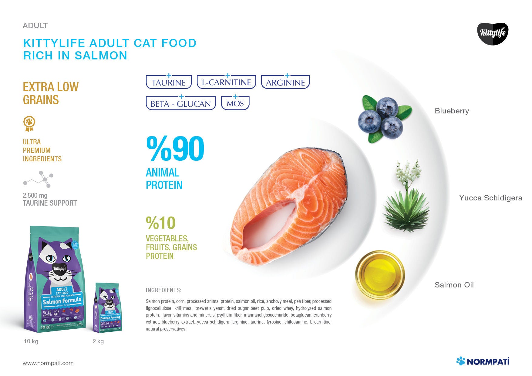 KittyLife Premium Adult Dry Cat Food with Salmon, 90% Animal Protein for Strong Muscles, Shiny Coat & Immune Support