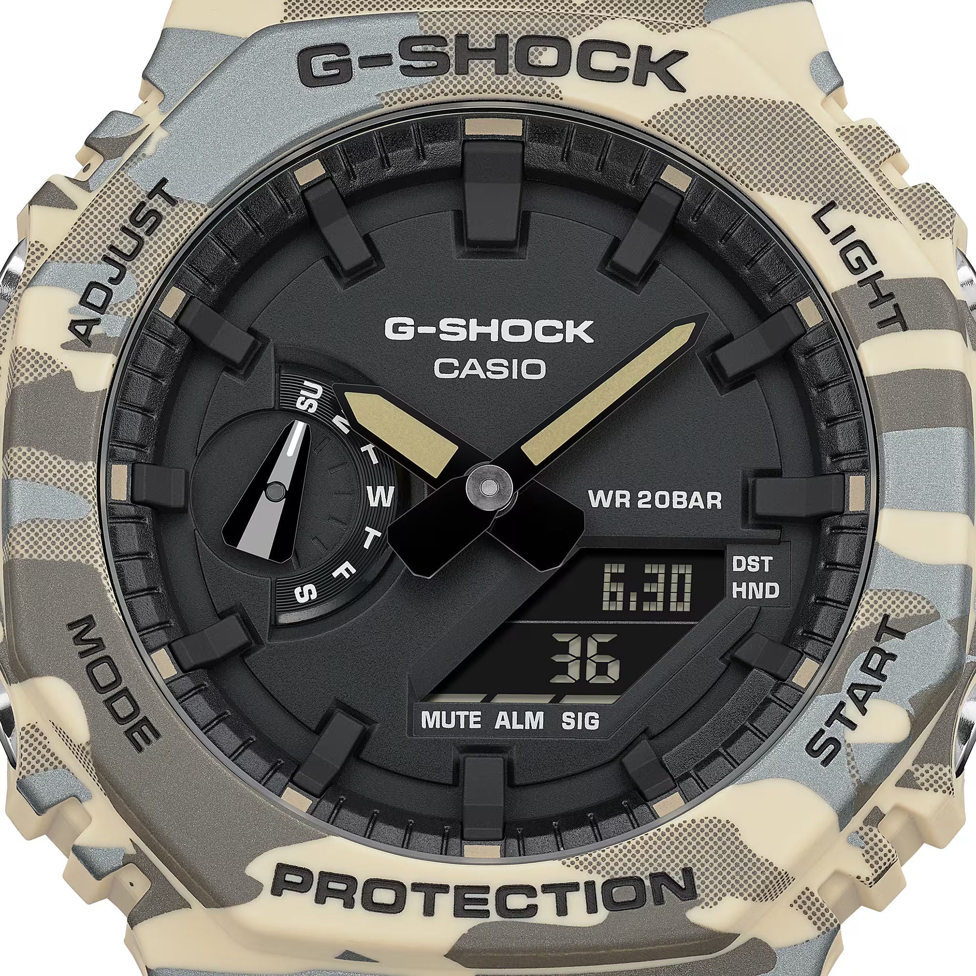 ساعة كاسيو G-SHOCK من سلسلة 2100 ذات الشاشة التناظرية والرقمية، بتصميم كاموفلاج، مصنوعة من راتينج حيوي، ومقاومة للصدمات