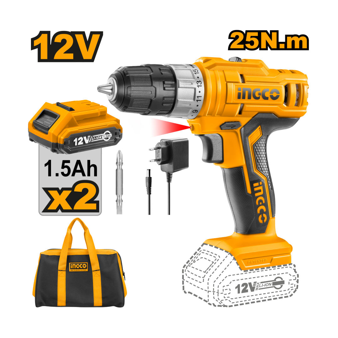INGCO Cordless Drill, Chuck Size 0.8 - 10mm, 12V