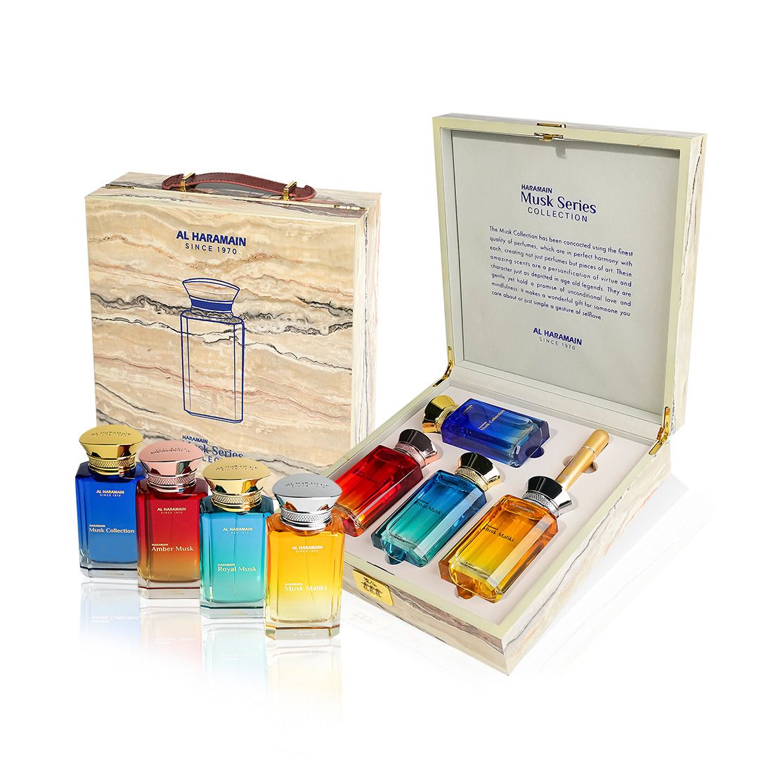 مجموعة هدايا "الحرمين" من عطر المسك، 4 زجاجات عطر برائحة المسك سعة 100 مل، مجموعة عطور فاخرة للجنسين