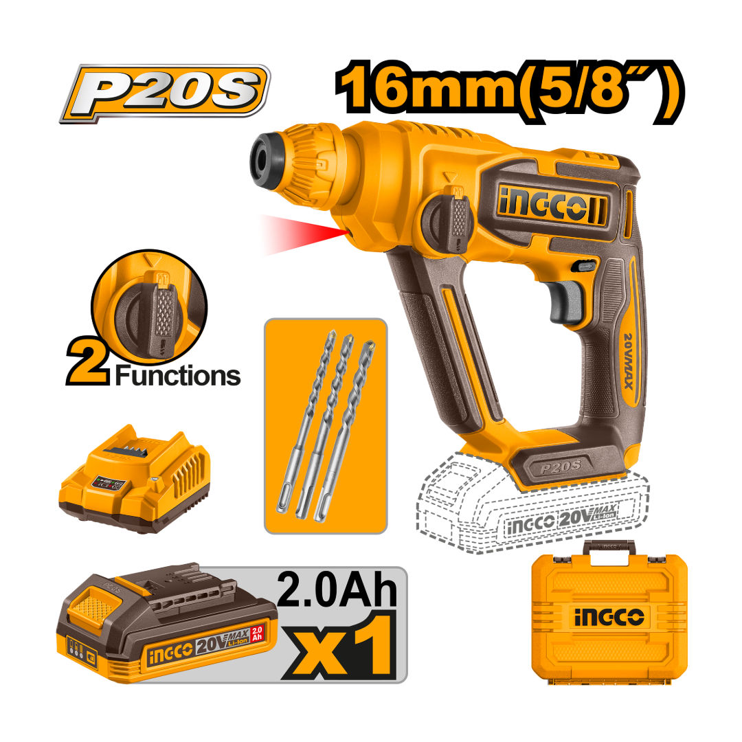 INGCO 20V Cordless Rotary Hammer Kit, 0-850rpm