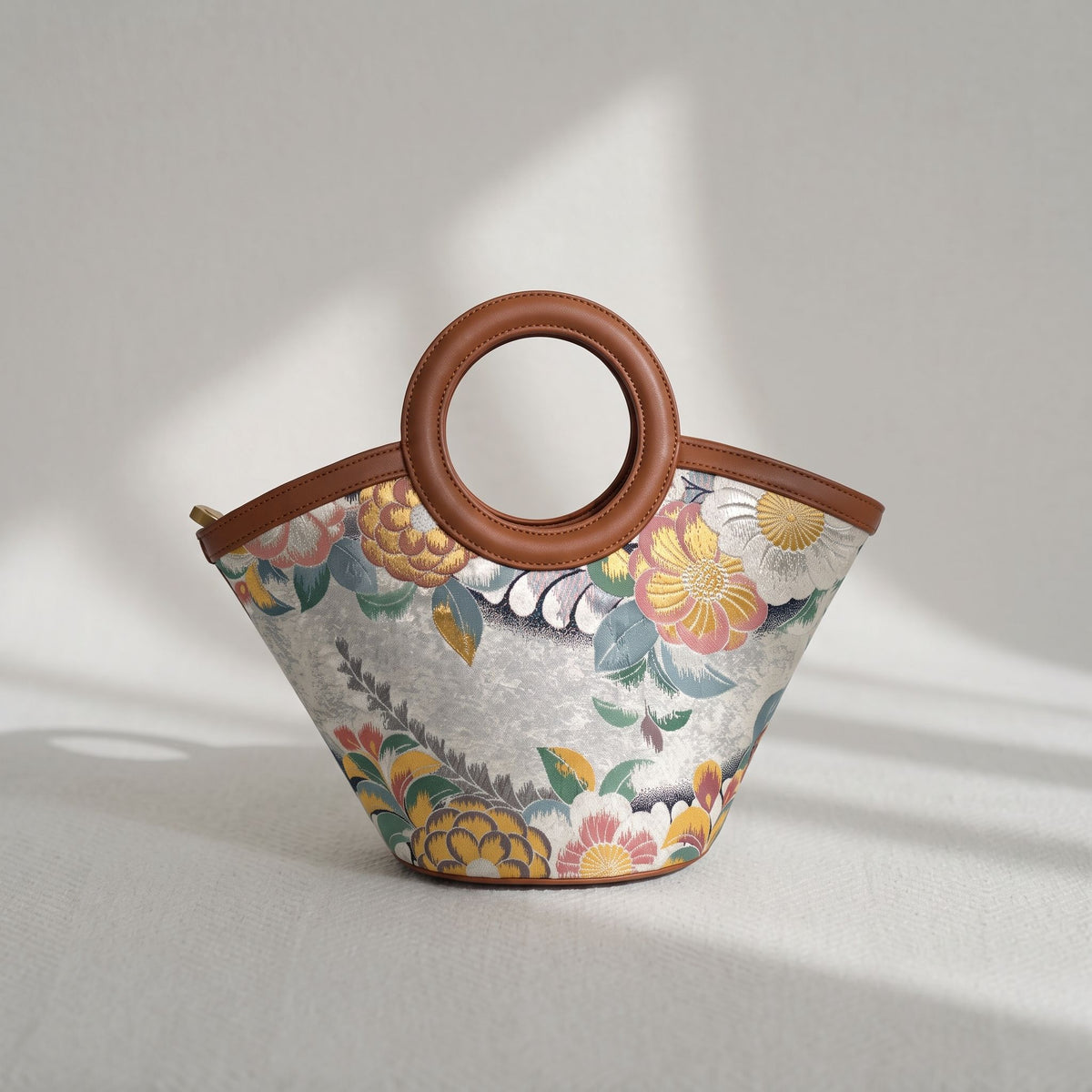 Jamila Designer Mulberry Silk Dark Grey Tote Bag, Floral Pattern with Round Handles
